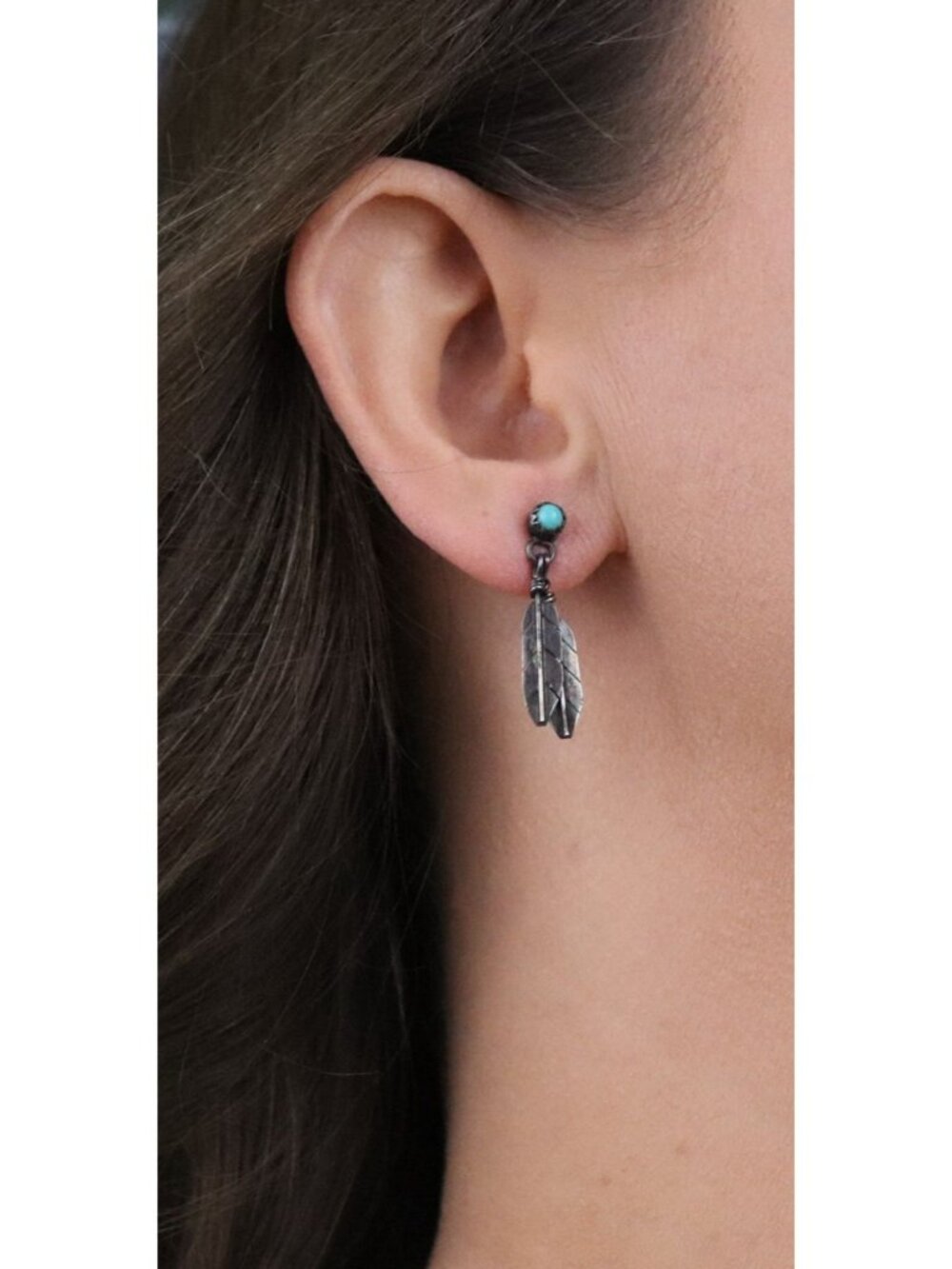 Sterling Silver Turquoise Leaf Earrings Dangle Drop 1 1/8" x 3/8" - Picture 2 of 7